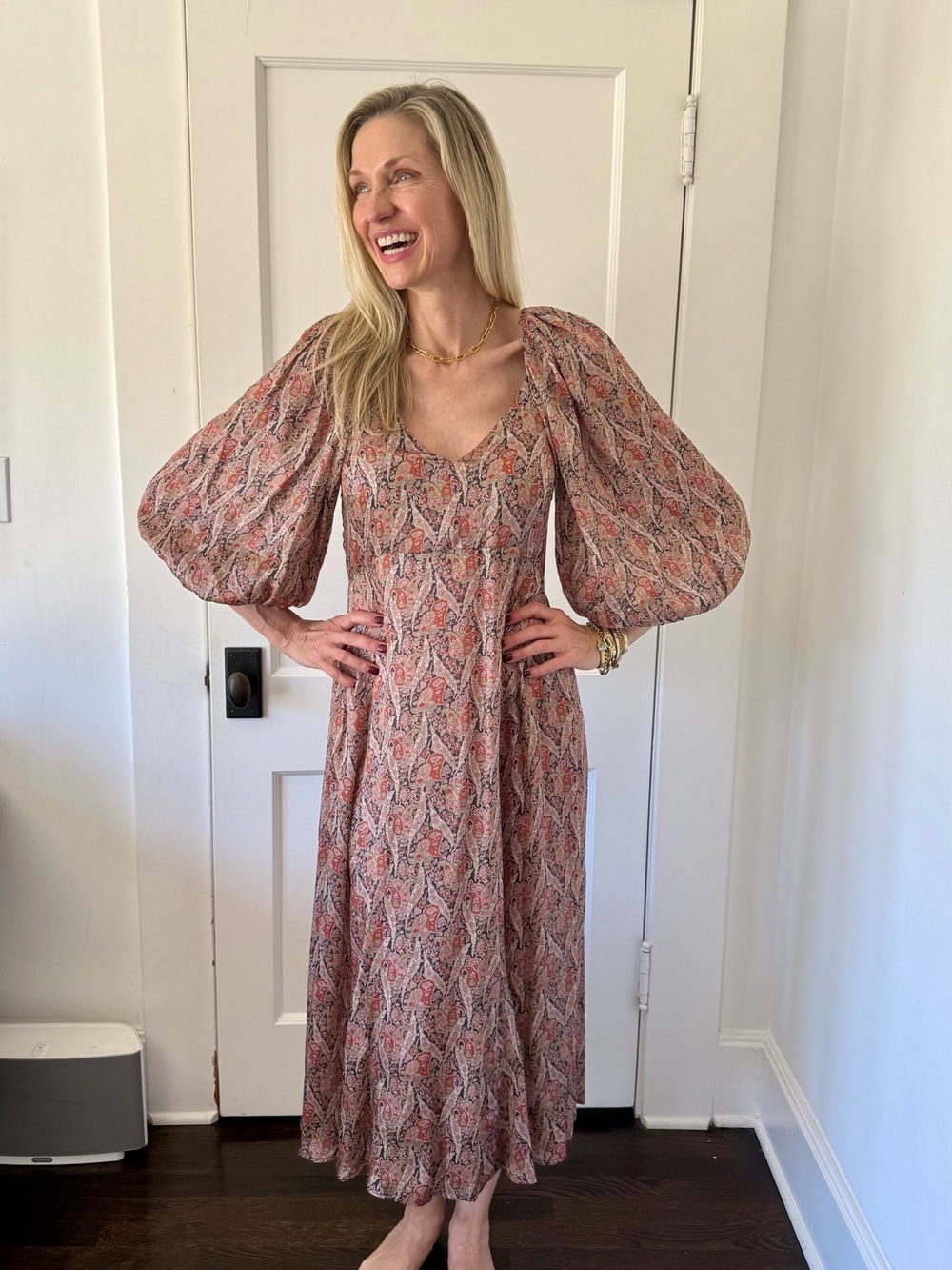 THE GREAT. Pink Paisley Maxi Dress with Puff Sleeves